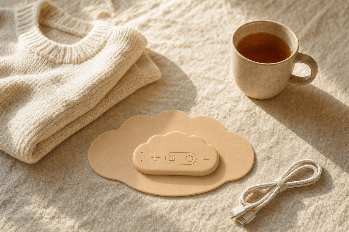 The patch resting on linen with a sweater, a mug of tea and its charging cable